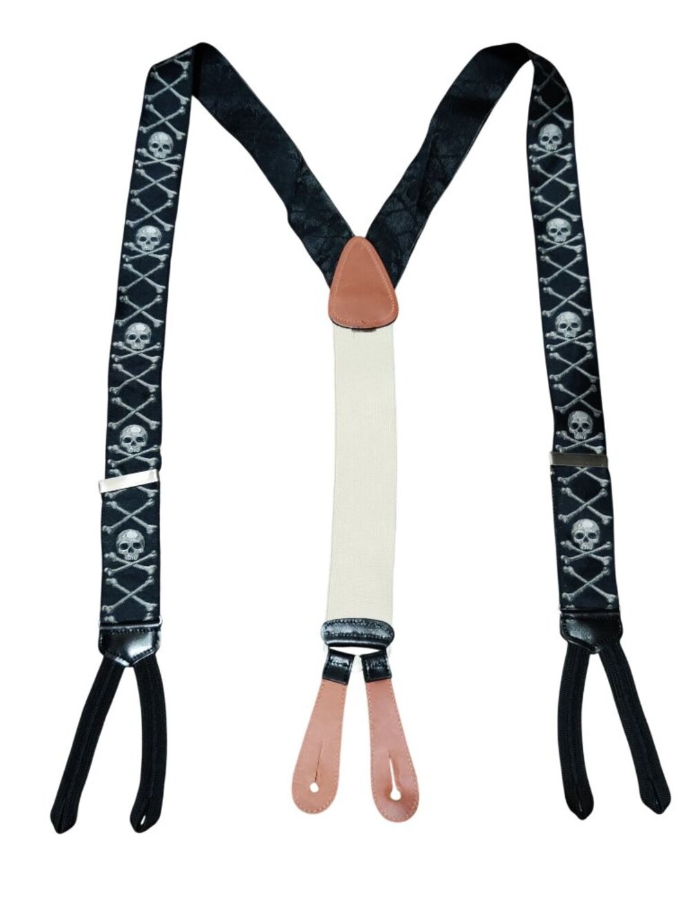 Trafalgar Suspenders Silk Skull Crossbones Black Y Back Button Halloween Gothic